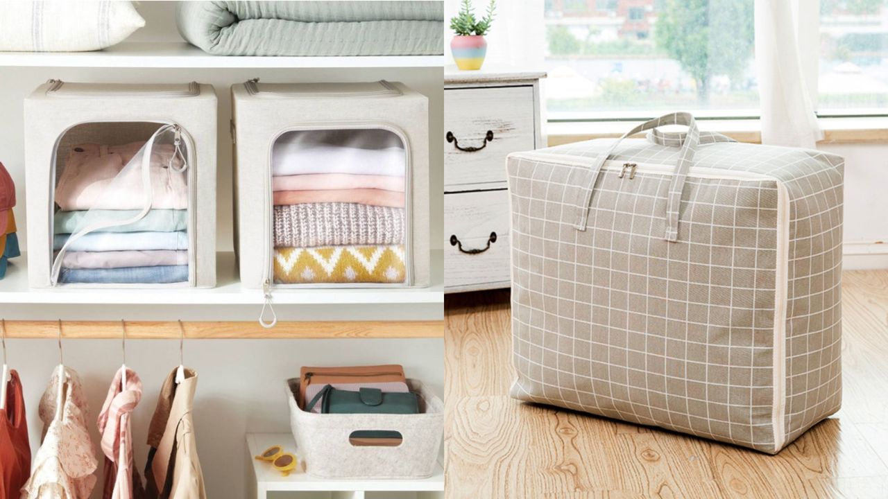 Two storage cubes in a wardrobe and a storage bag on the floor