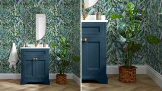 bathroom with leaf print wallpaper and plant beside sink