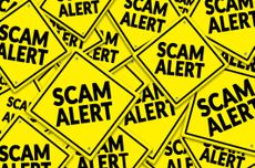Multiple yellow warning signs reading "Scam Alert"