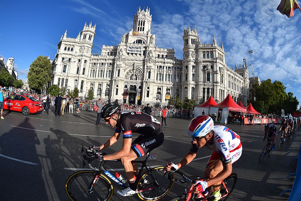Riders compete during stage 21 at the Vuelta in downtown Madrid.
