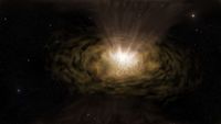A yellowish hazy light is seen surrounded by a disk of dust in this illustration.