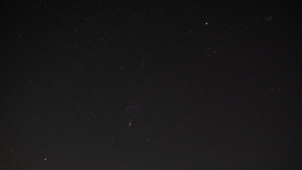 Orion constellation, Jupiter and the Pleiades in the night sky.