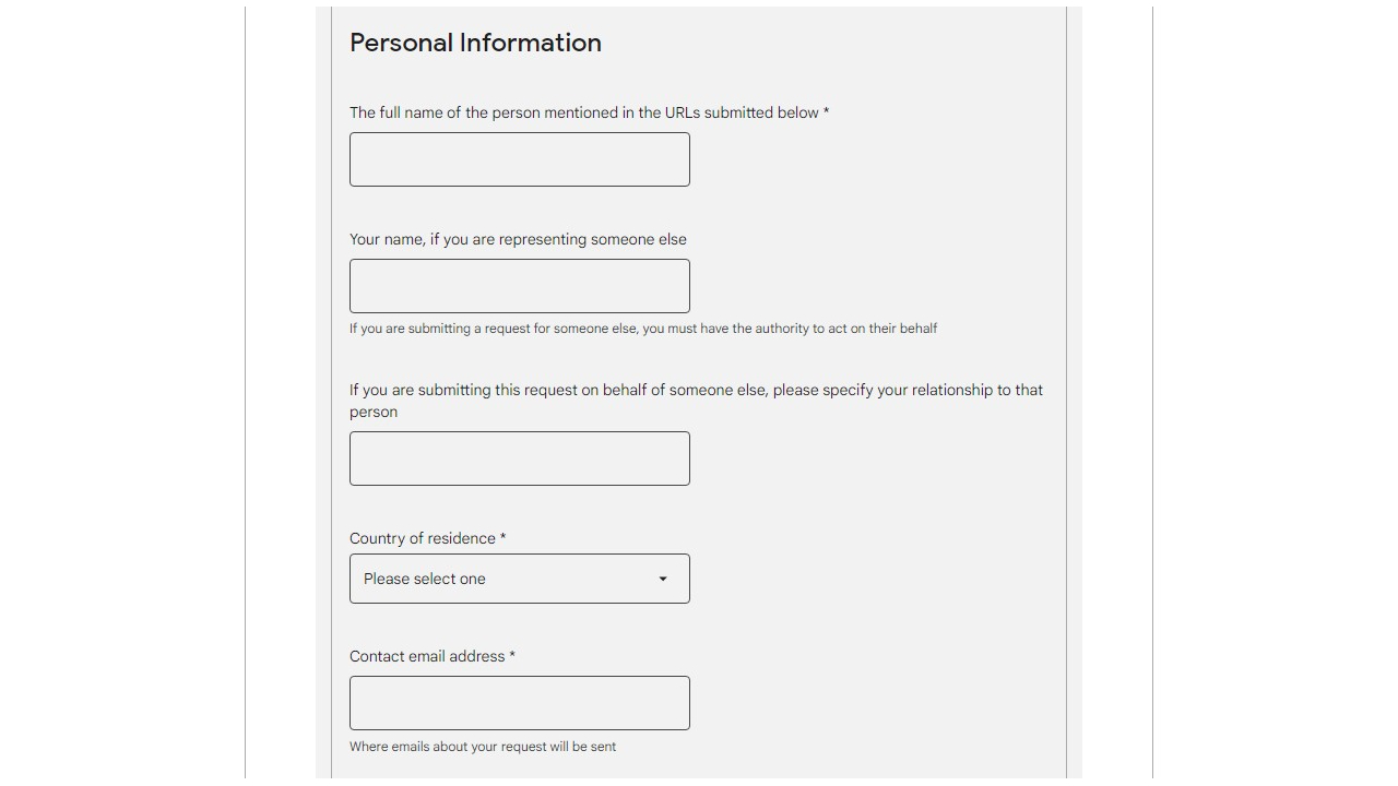 Google PII removal request form