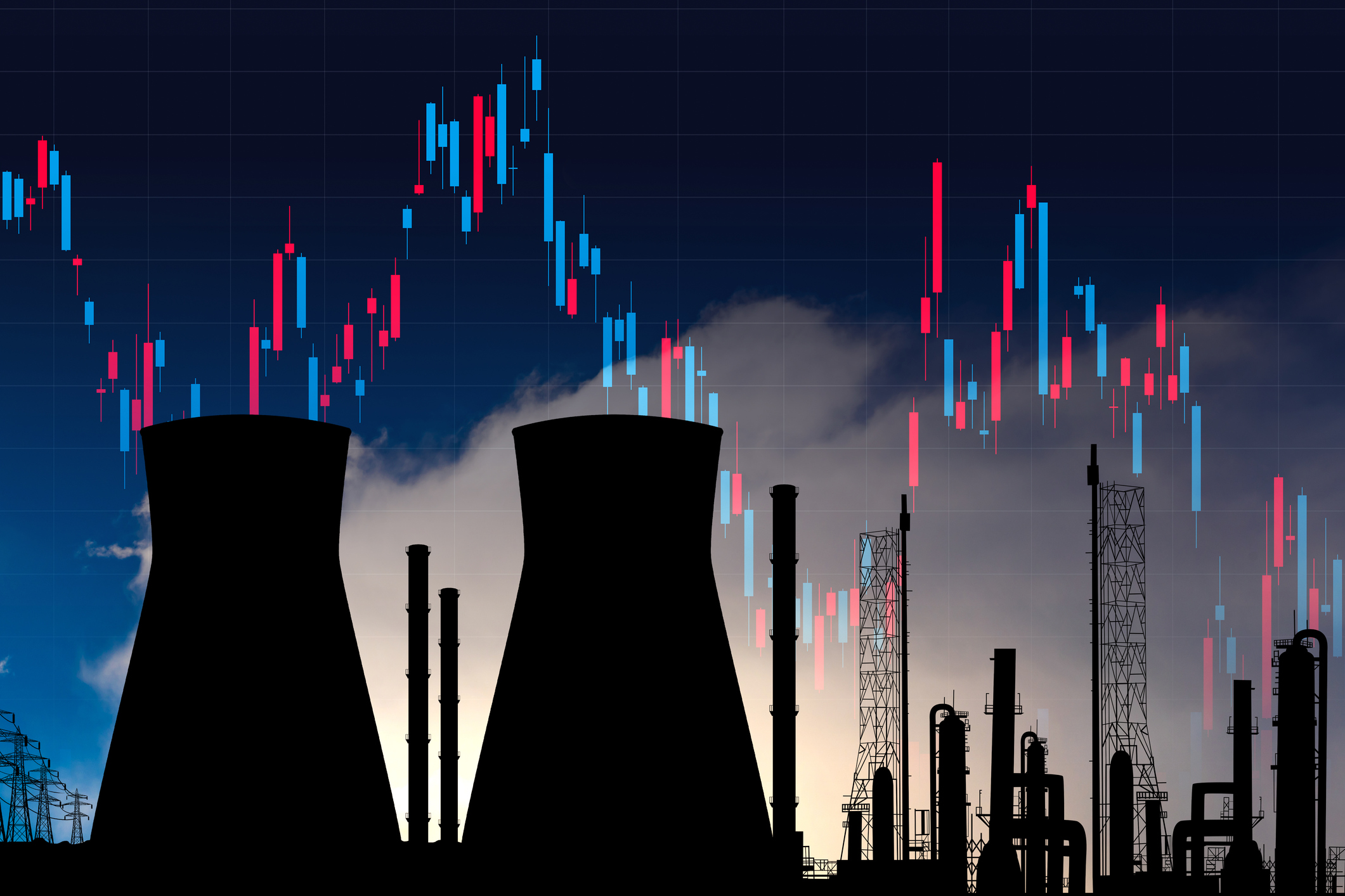 Nuclear industry graphic - power plant cooling towers on the background of economic data