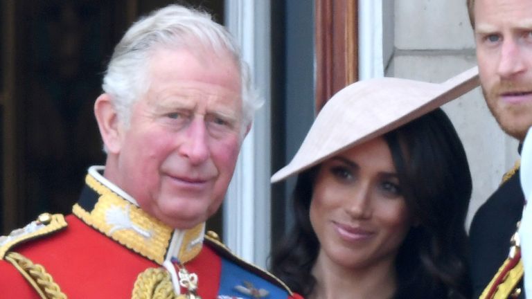 LONDON, ENGLAND - JUNE 09: Queen Elizabeth II, Prince Charles, Prince of Wales, Meghan, Duchess of Sussex, Prince Harry, Duke of Sussex, Catherine, Duchess of Cambridge and Princess Charlotte of Cambridge on the balcony of Buckingham Palace during Trooping The Colour 2018 at The Mall on June 9, 2018 in London, England. The annual ceremony involving over 1400 guardsmen and cavalry, is believed to have first been performed during the reign of King Charles II. The parade marks the official birthday of the Sovereign, even though the Queen's actual birthday is on April 21st. (Photo by Karwai Tang/WireImage)