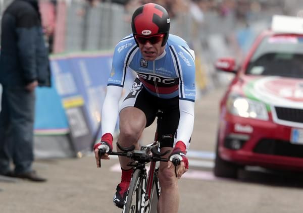 Race leader Cadel Evans (BMC) in action in the final day's time trial.
