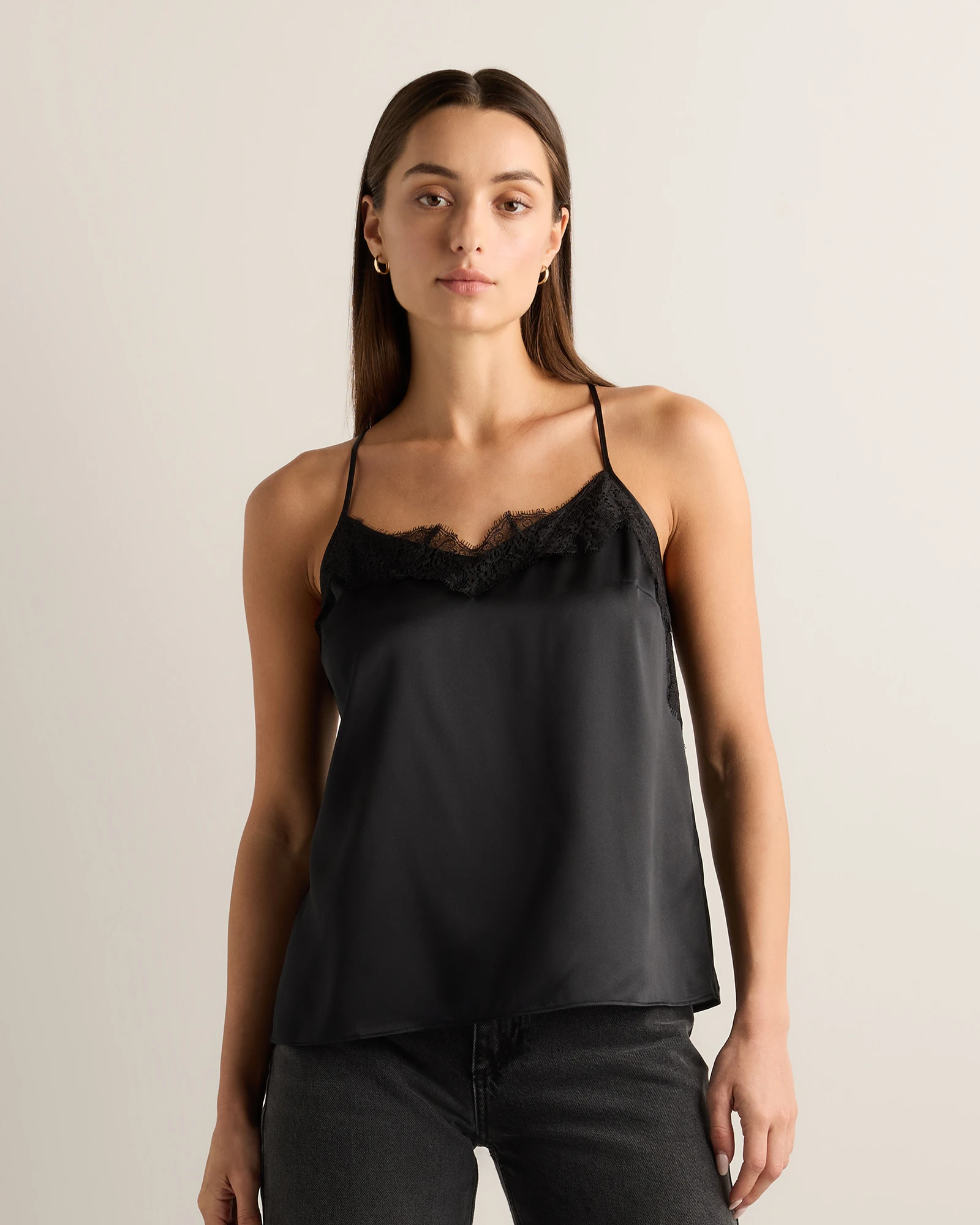100% Washable Silk Lace Cami in Black