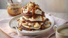 Banoffee pancake stack with bananas and caramel