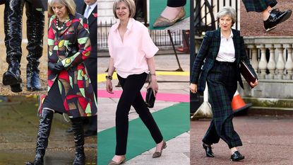 a collage of Theresa May during outings showing closeups of Theresa May's shoes