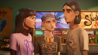 The trio from Mixtape look skeptically at each other in front of a host of slushie machines.