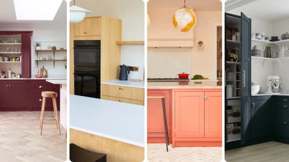 Compilation image of four kitchen images of cabinetry and countertops to suggest how to keep counters clear in a small kitchen