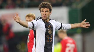 VIENNA, AUSTRIA - NOVEMBER 21: Thomas Müller of Germany gestures during the international friendly match between Austria and Germany at Ernst Happel Stadion on November 21, 2023 in Vienna, Austria. (Photo by Sebastian El-Saqqa - firo sportphoto/Getty Images)