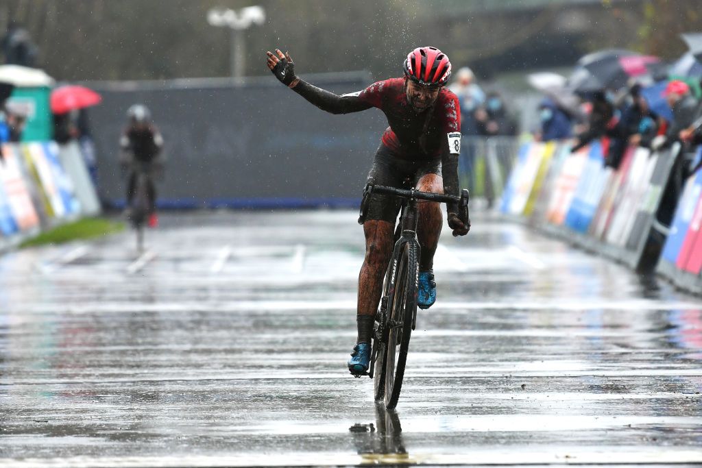 BOOM BELGIUM DECEMBER 04 Inge Van Der Heijden of The Netherlands and Team 777 reacts crossing the finishing line on second place after the 7th Superprestige Cyclocross Boom 2021 Womens Elite SPBoom Superprestige2022 on December 04 2021 in Boom Belgium Photo by Luc ClaessenGetty Images
