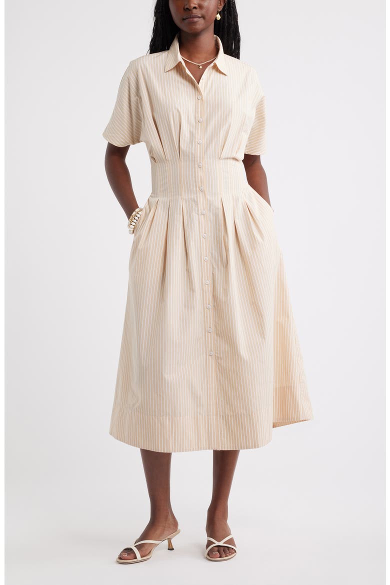 Stripe Pleated Dolman Sleeve Midi Shirtdress