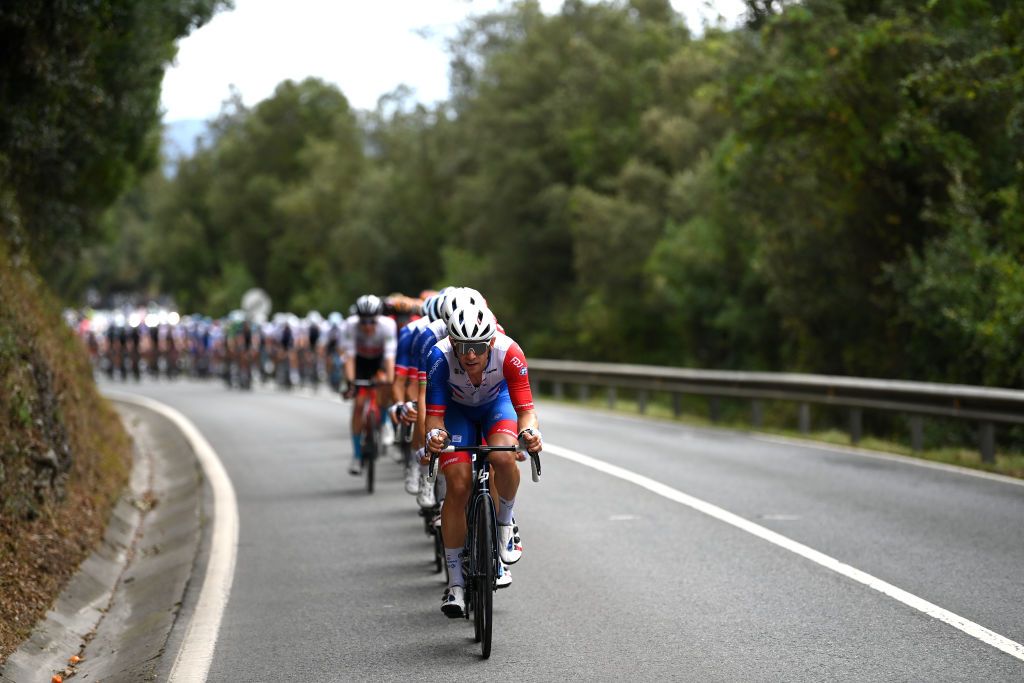 SAN MIGUEL DE AGUAYO SPAIN AUGUST 25 Fabian Lienhard of Switzerland and Team Groupama FDJ leads the peloton during the 77th Tour of Spain 2022 Stage 6 a 1812km stage from Bilbao to Ascensin al Pico Jano San Miguel de Aguayo 1131m LaVuelta22 WorldTour on August 25 2022 in Pico Jano San Miguel de Aguayo Spain Photo by Justin SetterfieldGetty Images