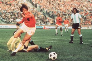 Netherlands captain Johan Cruyff in action against Argentina in the semi-finals of the 1974 World Cup