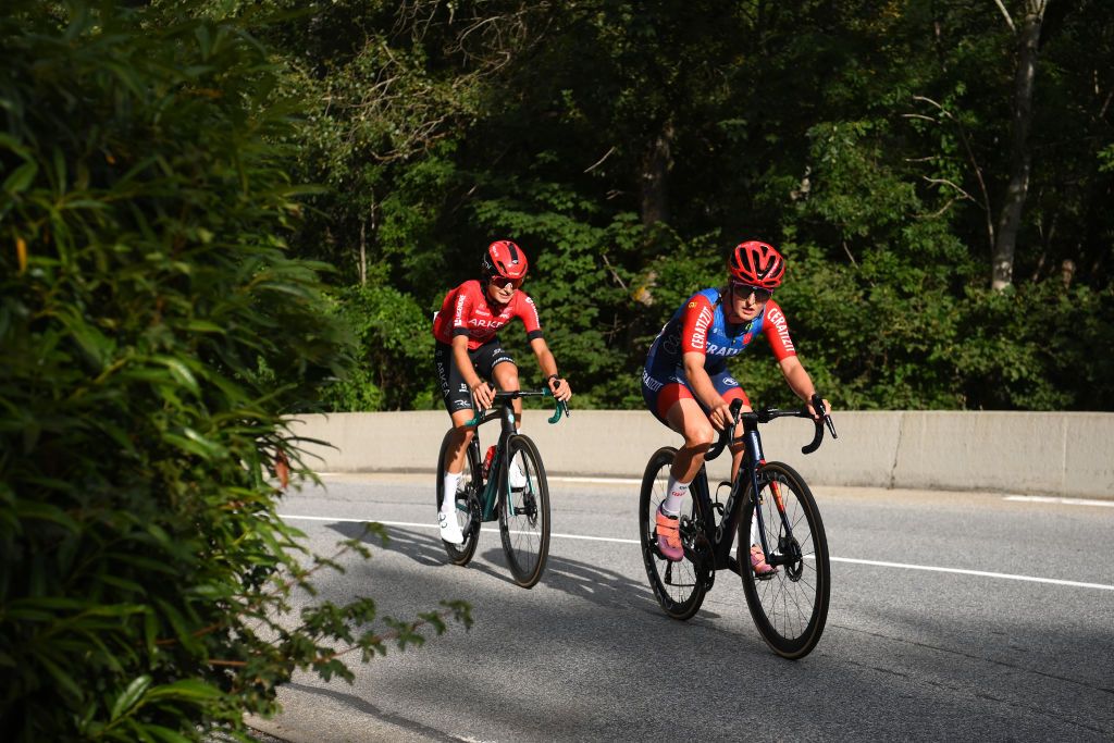 ALPE DHUEZ FRANCE AUGUST 18 LR Valentina Cavallar of Austria and Team Arkea BB Hotels Women and Cedrine Kerbaol of France and CERATIZITWNT Pro Cycling Team compete in the chase group during the 3rd Tour de France Femmes 2024 Stage 8 a 1499km stage from Le GrandBornand to Alpe dHuez 1828m UCIWWT on August 18 2024 in Alpe dHuez France Photo by Alex BroadwayGetty Images