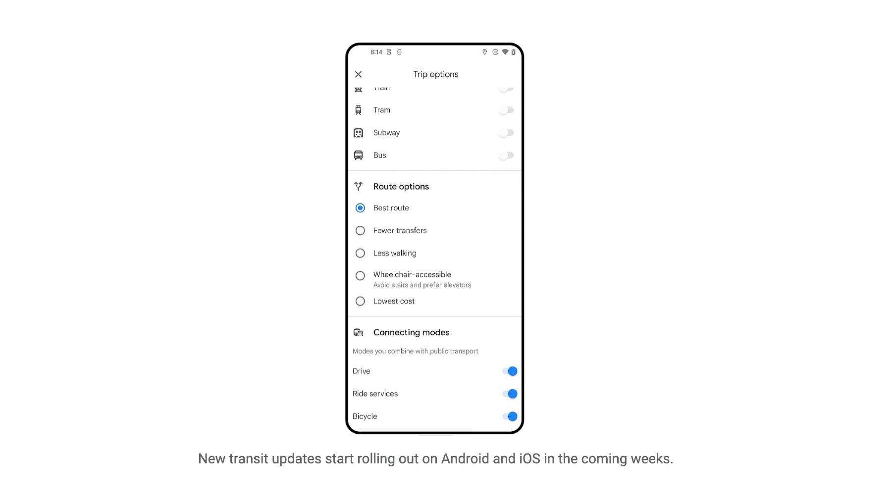 Google Maps update showing more robust route options for planning a public transit trip