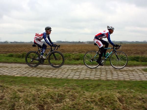 Two of the US Development Squad riders prepare for the Paris-Roubaix espoirs.