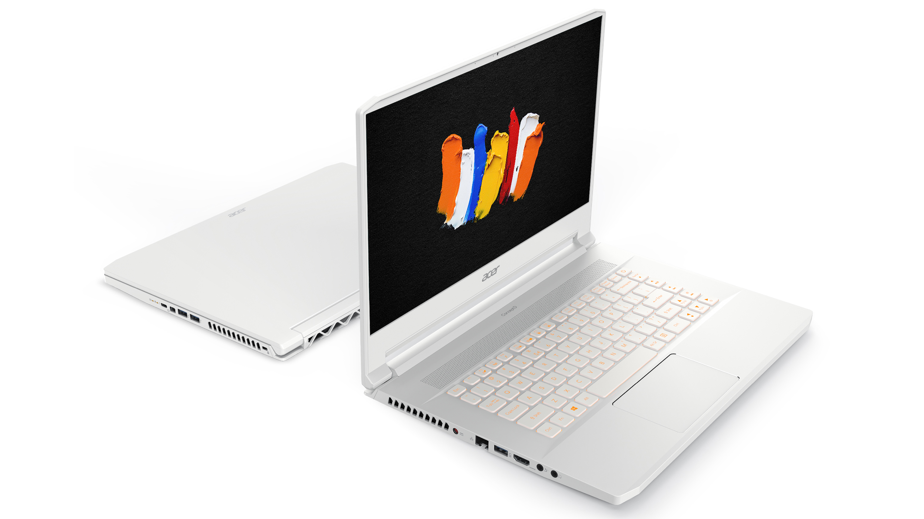Two Acer ConceptD 7, one open with its screen showing, the other closed, on a white background
