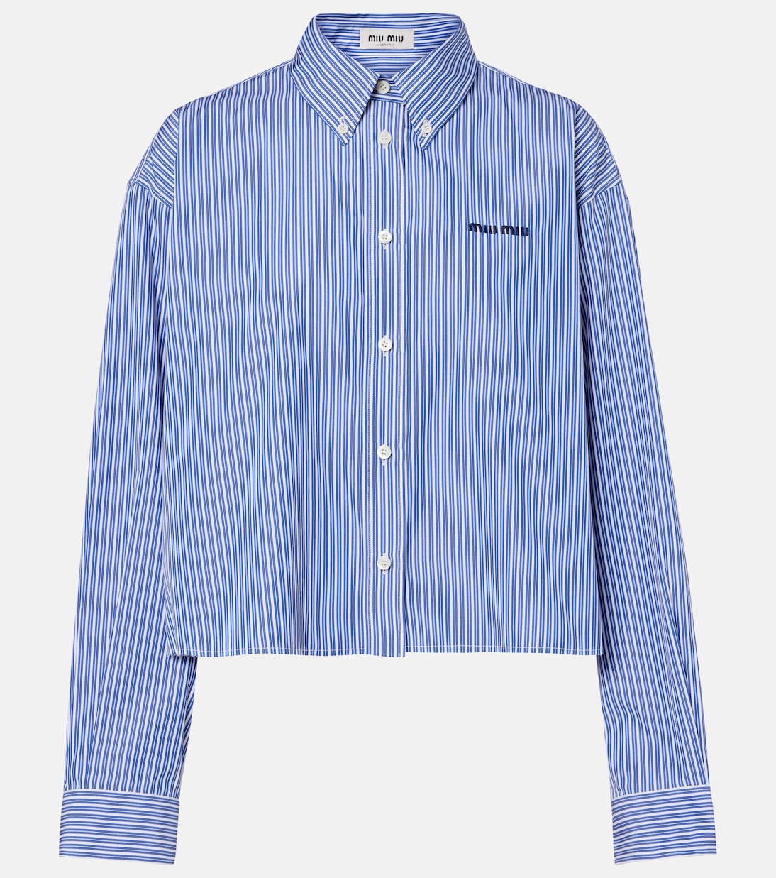 Striped Cropped Cotton Poplin Shirt in Blue - Miu Miu