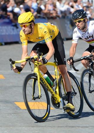 World champion Mark Cavendish on the wheel of Sky teammate and soon-to-be Tour champion Bradley Wiggins.