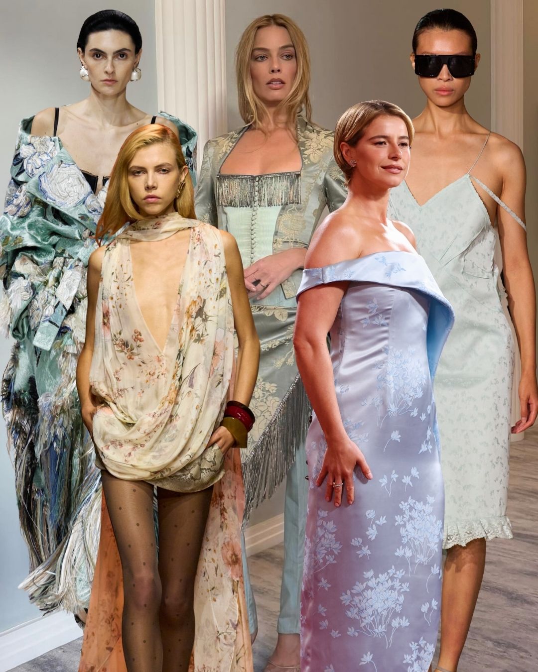 An image of the biggest floral fashion trends for spring 2026, as seen on the spring/summer 2026 runway from Victoria Beckham, Givenchy, Elie Saab and on Jessie Buckley and Margot Robbie.