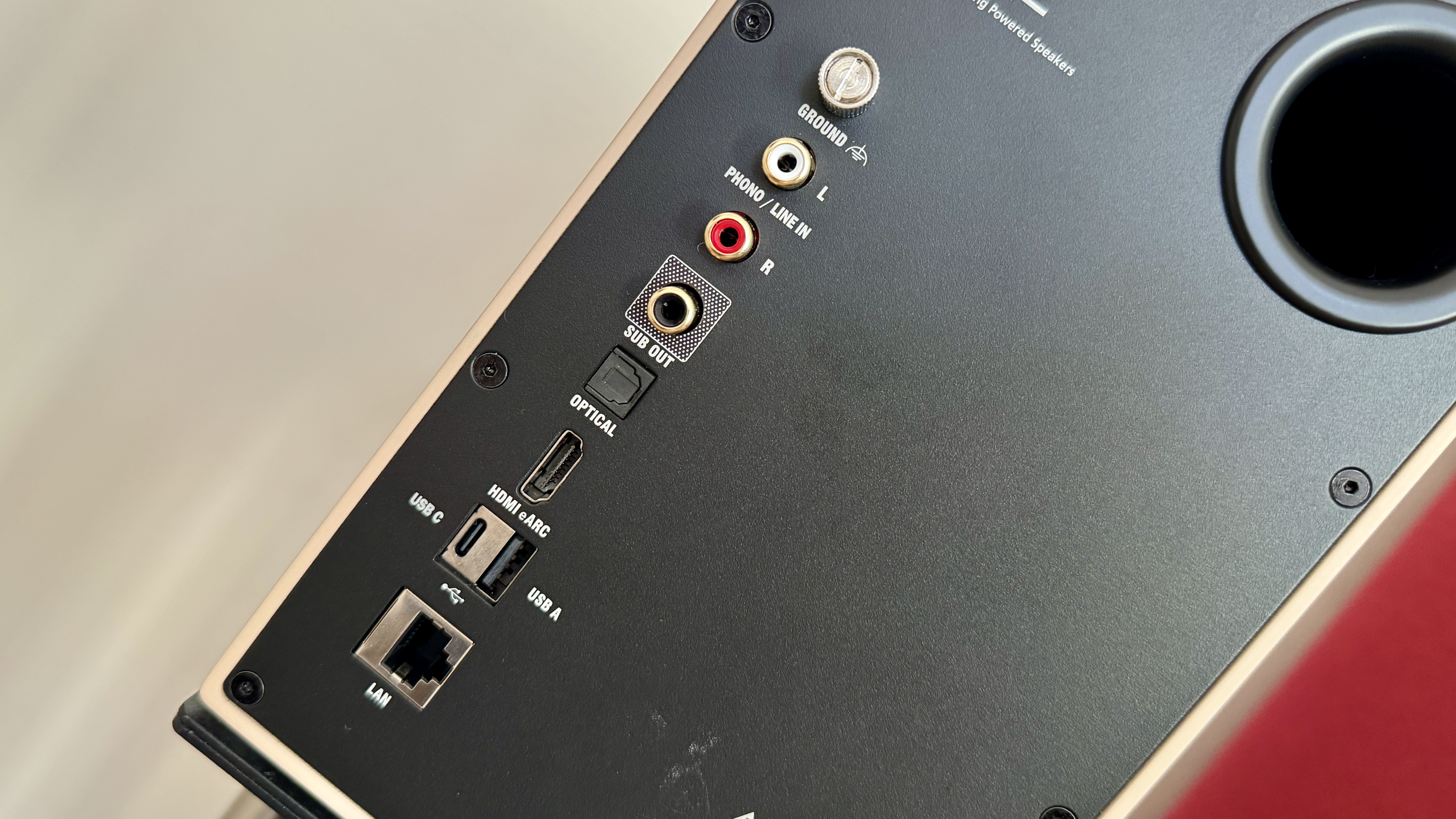Rear panel of a PSB iQ2 sound system speaker