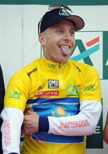 Leipheimer reacts to his win - is that a happy face?
