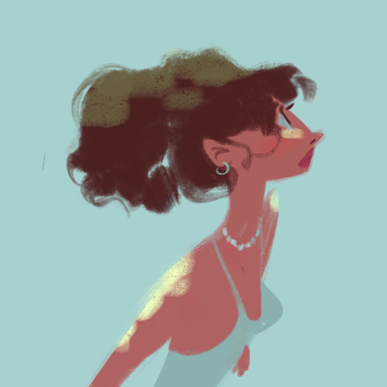 A painted sketch of a woman with big curly dark hair