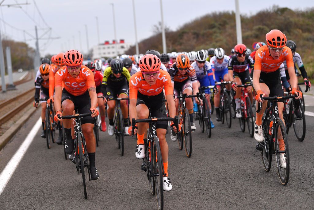 DE PANNE BELGIUM OCTOBER 20 Soraya Paladin of Italy and Team CCC Liv Sofia Bertizzolo of Italy and Team CCC Liv Riejanne Markus of The Netherlands and Team CCC Liv Peloton during the 3rd Driedaagse Brugge De Panne 2020 Women Classic a 1563km race from Brugge to De Panne AG3daagse on October 20 2020 in De Panne Belgium Photo by Luc ClaessenGetty Images