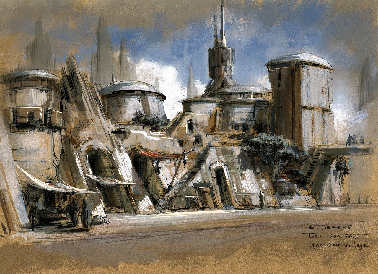 Concept art for the Star Wars land Galaxy's Edge and Disney theme parks from "The Art of Star Wars: Galaxy's Edge" by Abrams Books.