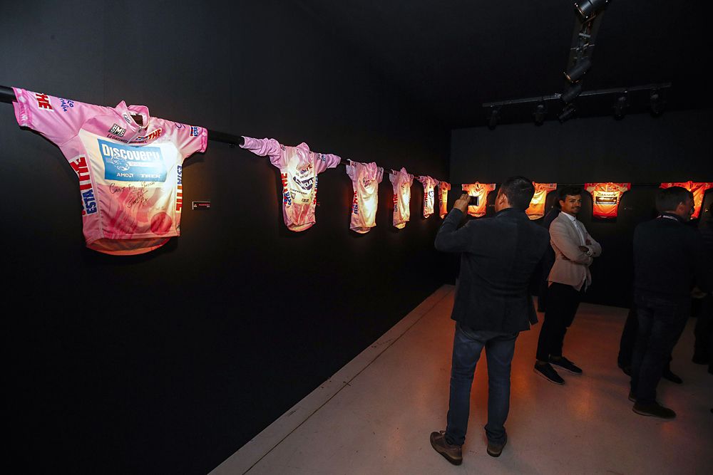 Many of their pink jerseys and those of other winners were on display in the entrance to the presentation - 2017 Giro d'Italia presentation