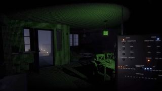 Screenshot of gameplay from Phasmophobia where player is holding a sonar device inside a living room.