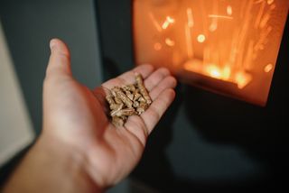 pellets being thrown into a biomass boiler