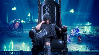 Prince Noctis Lucis Caelum from Final Fantasy 15 sits cross-legged on a black throne in Final Fantasy Resonance, super-imposed over Rain and co battling enemies