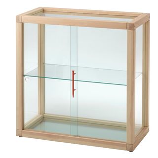 glass cabinet with wooden frame and white background