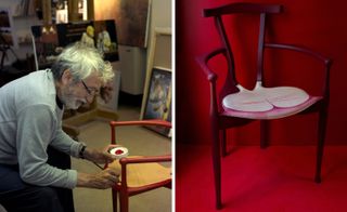 Left: Tusquets sat in an art studio painting a chair frame red, blurred artwork propped up on the floor, neutral floor Right: Red wooden chair, buttocks design seat, red floor and wall
