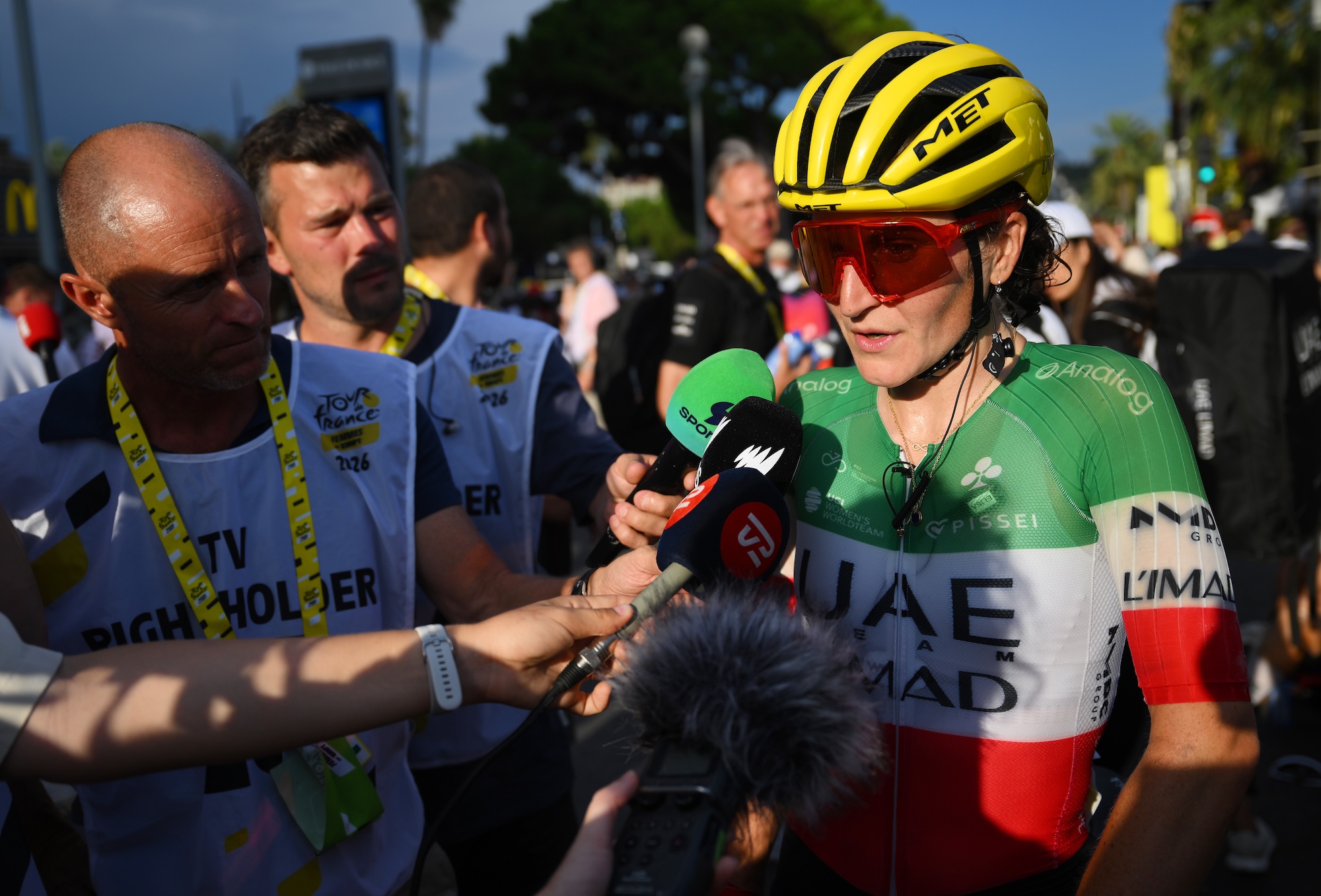 Third overall classified Elisa Longo Borghini of Italy and UAE Team L'IMAD reacts after the 5th Tour de France Femmes 2026, Stage 9