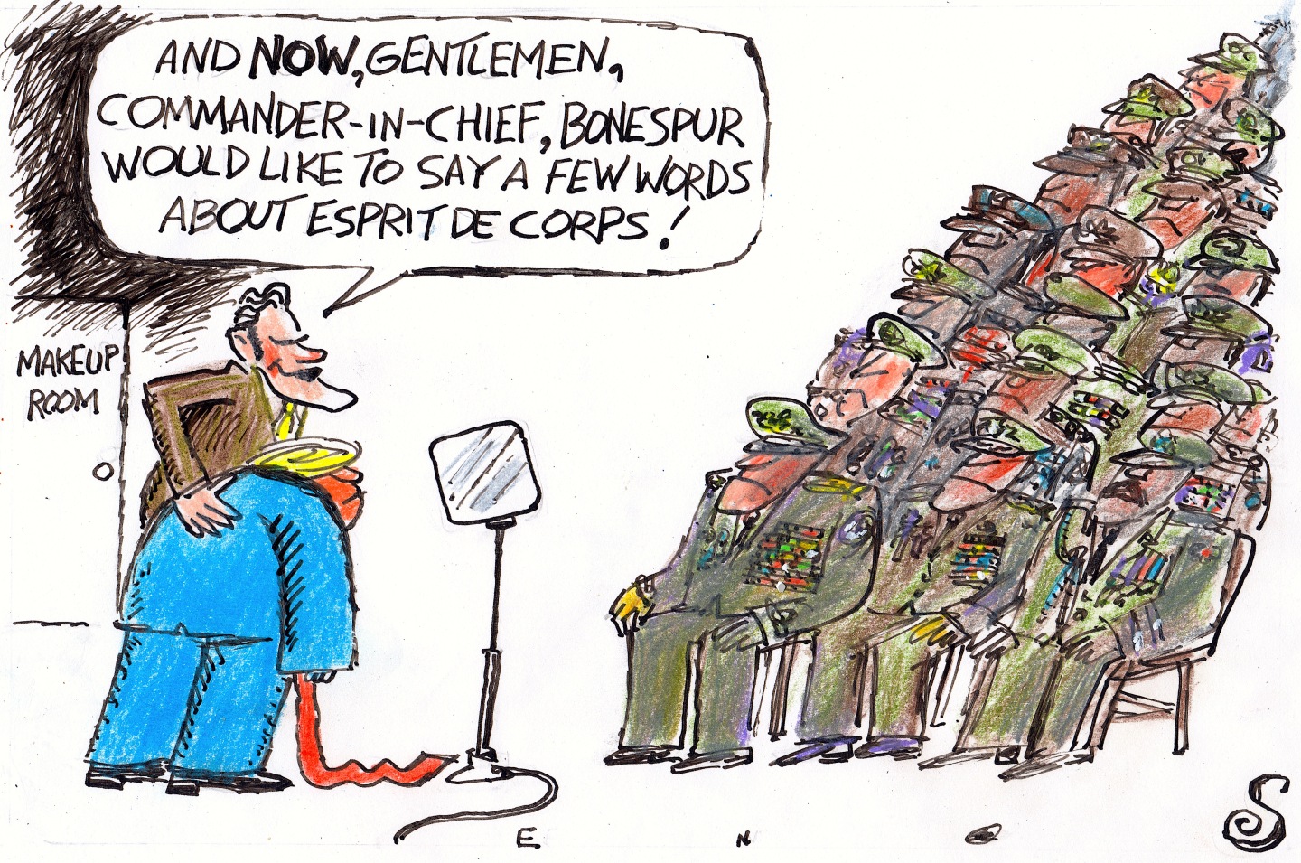 This cartoon depicts Pete Hegseth and Donald Trump addressing an audience of stern-looking military generals. Hegseth has his arm around Trump and says, &amp;ldquo;And NOW gentlemen, commander-in-chief Bonspur would like to say a few words about esprit de corps.&quot;