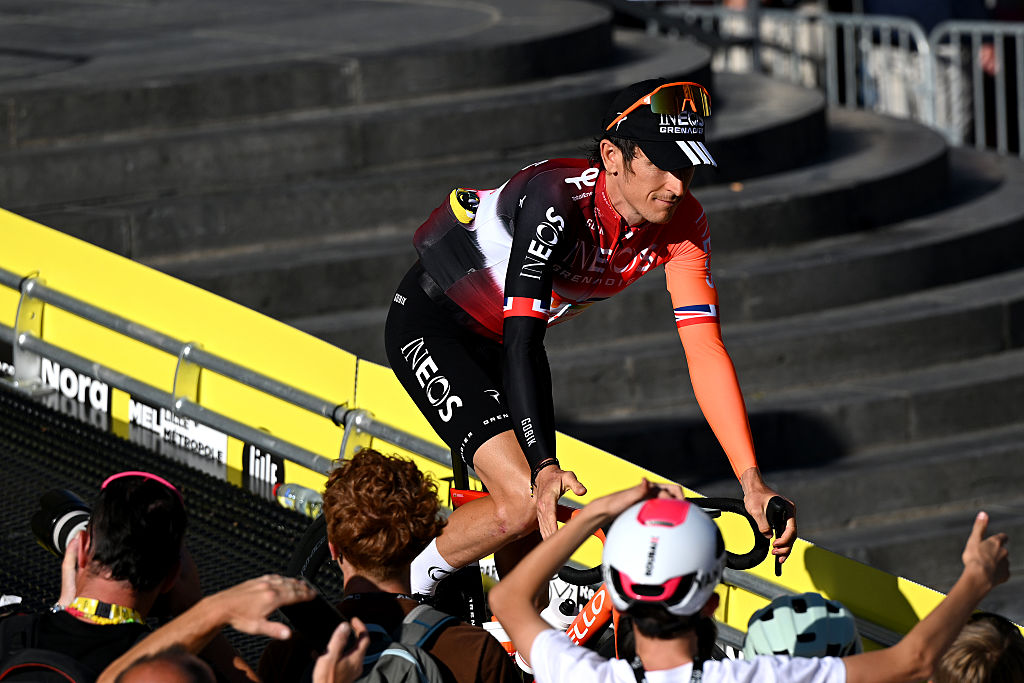 LILLE, FRANCE - JULY 03: Geraint Thomas of Great Britain and Team INEOS Grenadiers during the team presentation prior to the 112th Tour de France 2025 / #UCIWT / on July 03, 2025 in Lille, France. (Photo by Dario Belingheri/Getty Images)