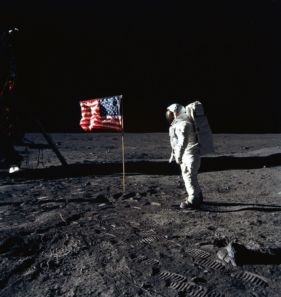 NASA astronaut Buzz Aldrin stands on the moon during the Apollo 11 mission in July 1969.