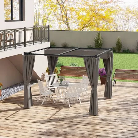 Outsunny 3x3m Retractable Pergola Canopy W/ Curtains - Grey