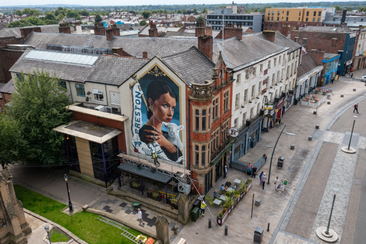 A drone shot of a massive mural on the side of a building showing a woman holding a lamb