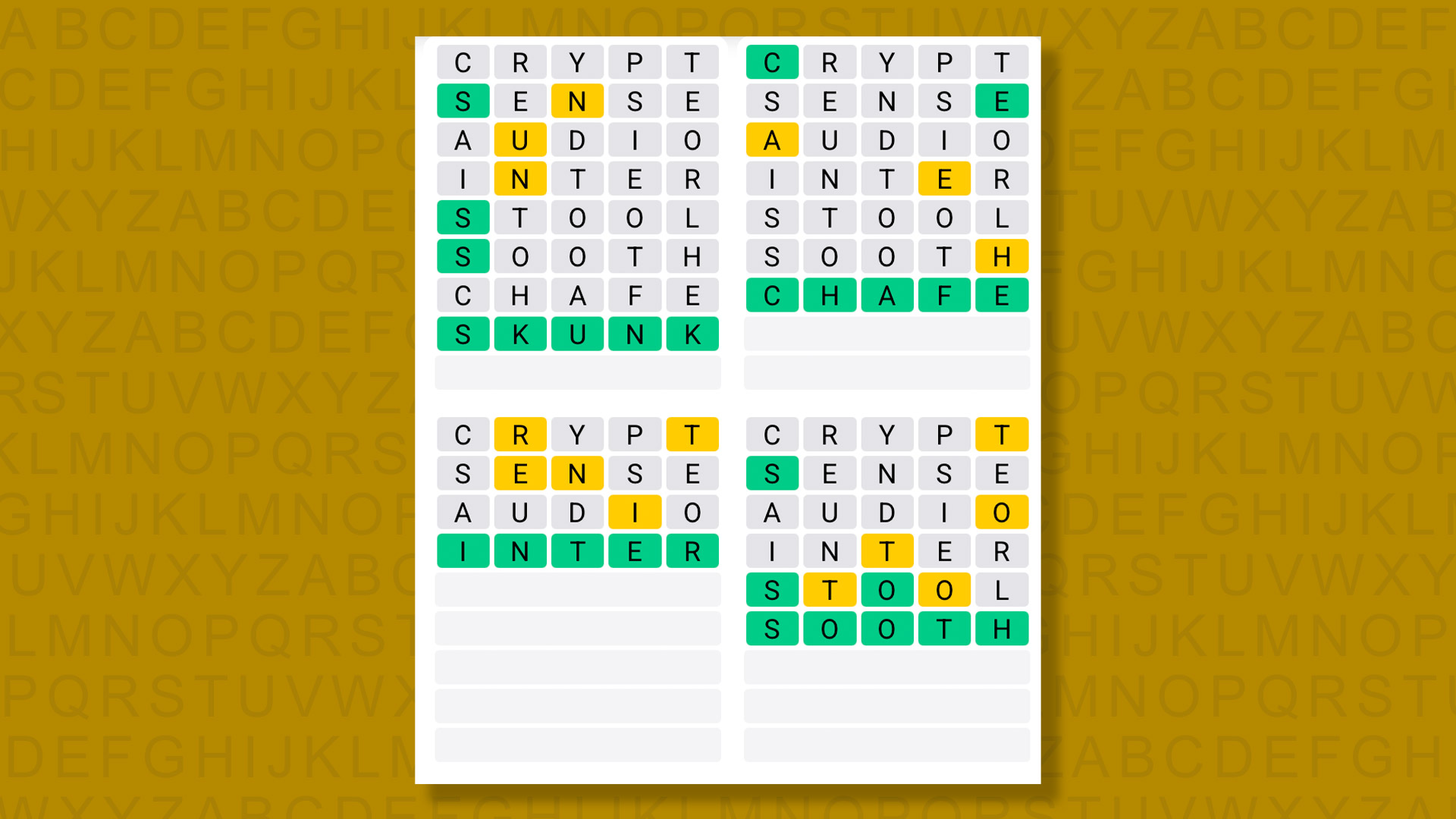 Quordle answers for game 1570 on a yellow background