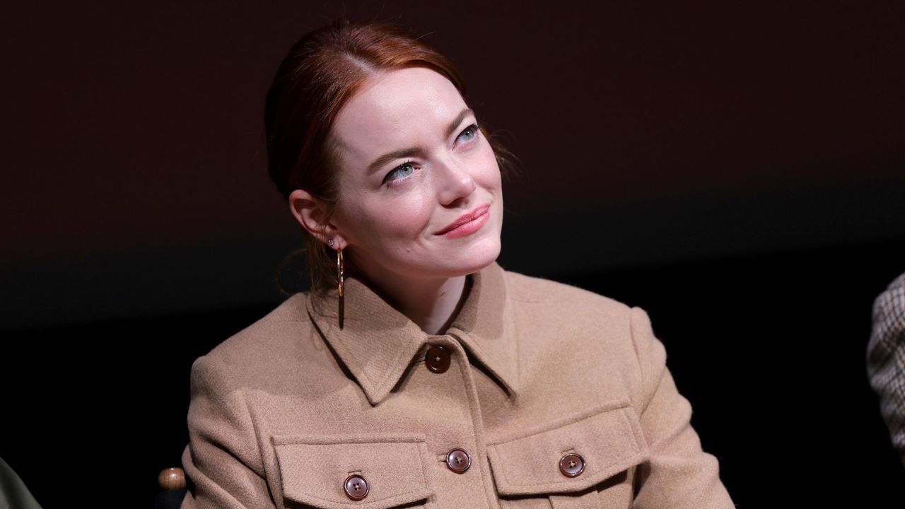 Emma Stone speaks on stage about &#039;Open Things&#039; in 2023