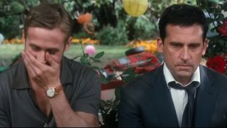 Steve Carell and Ryan Gosling having a funny moment in Crazy, Stupid, Love