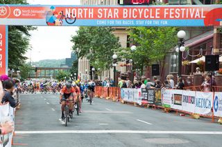 The peloton rolls through beautiful Lowertown, St. Paul. Rally Cycling spent much of the second half of the race on the front, protecting the yellow jersey lead at the North Star Grand Prix