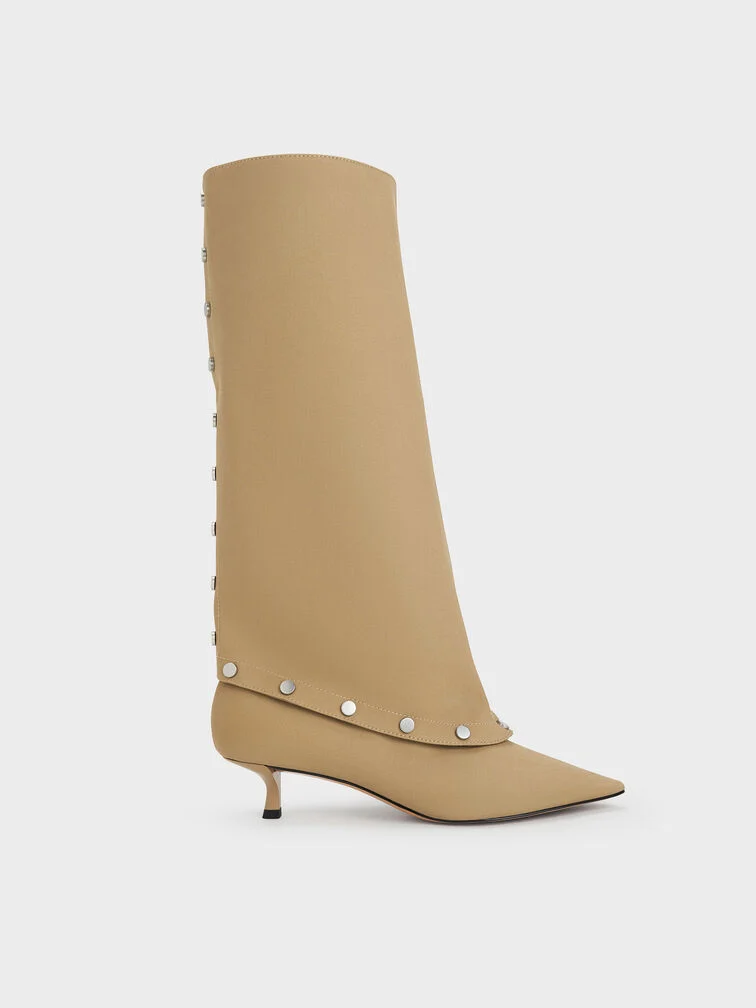 Charles & Keith, Gael Twill Studded Convertible Kitten-Heel Knee-High Boots