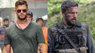 Chris Hemsworth walking down the street wearing sunglasses in Extraction and Ben Affleck standing in combat gear in Triple Frontier, pictured side by side.